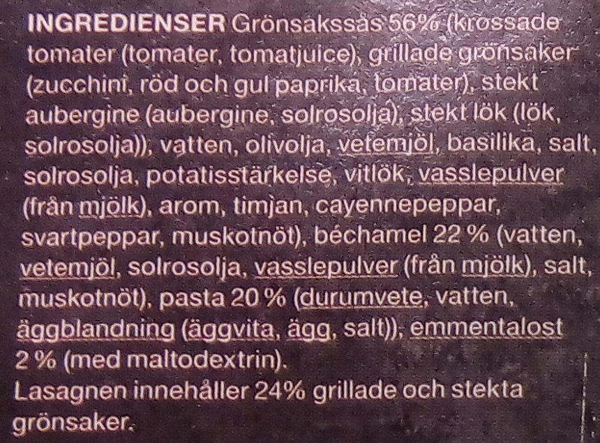 Garant Grönsakslasagne - Ingredients - sv