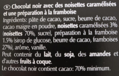 Chocolat noir Framboise Noisettes 70% cacao - Ingredients
