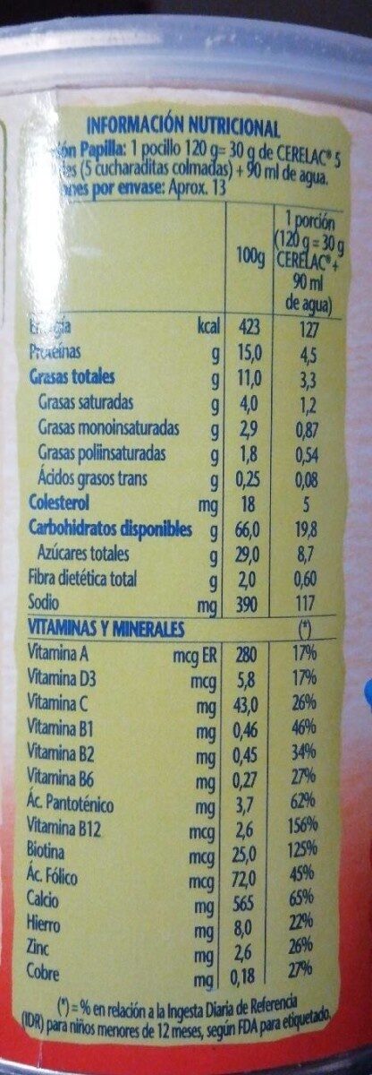 Cerelac - Nutrition facts - es
