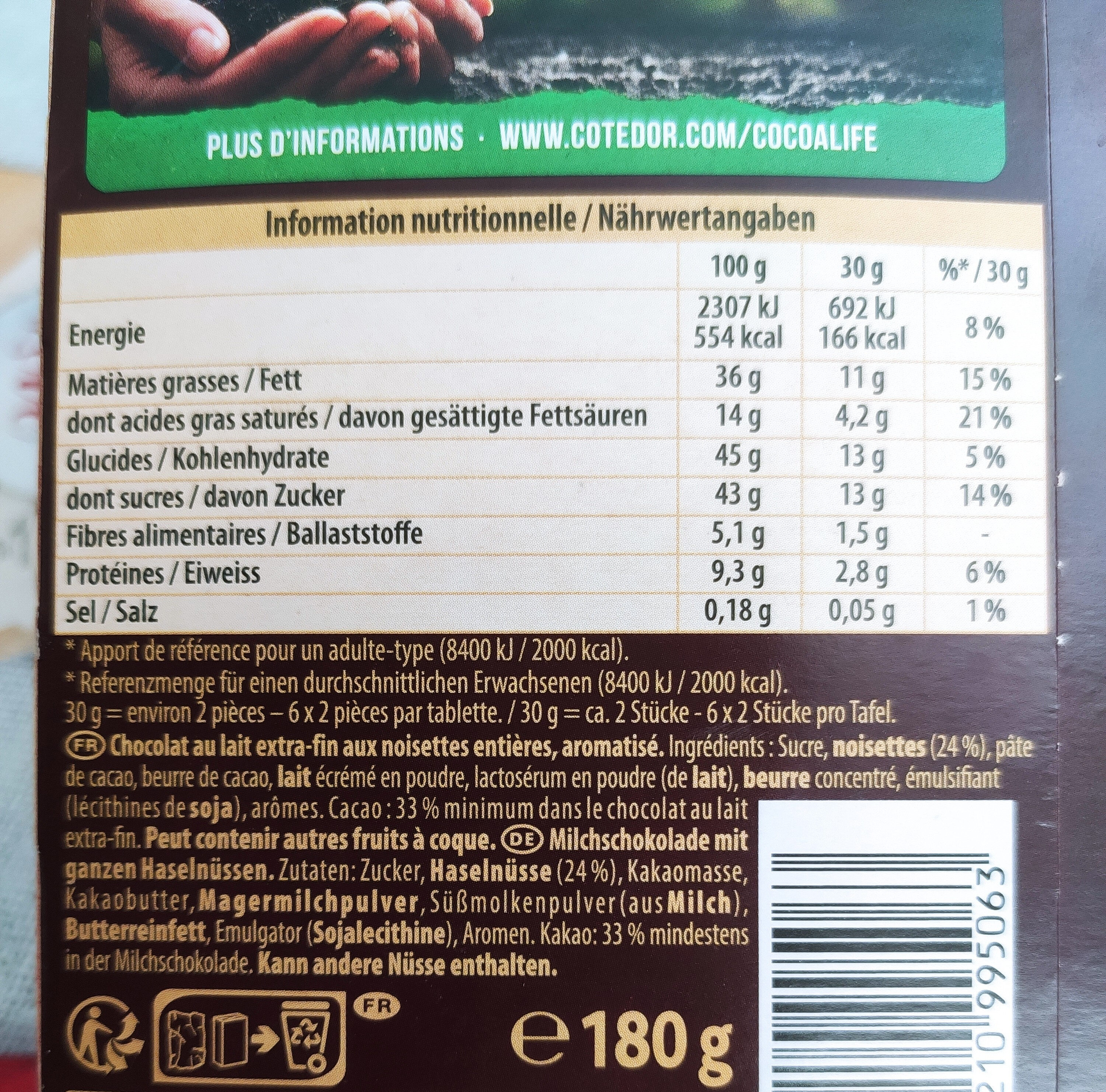 Lait noisettes entières - Nutrition facts - fr