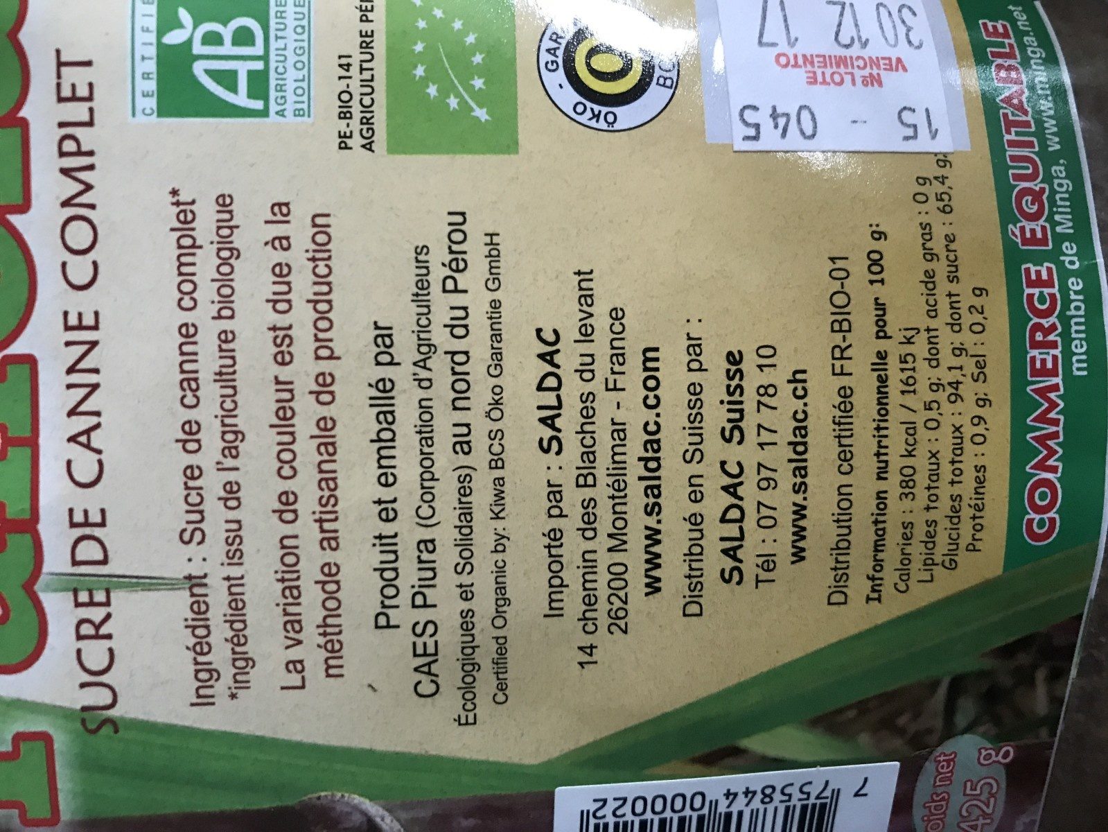 Panela sucre de canne complet bio - Ingredients - fr