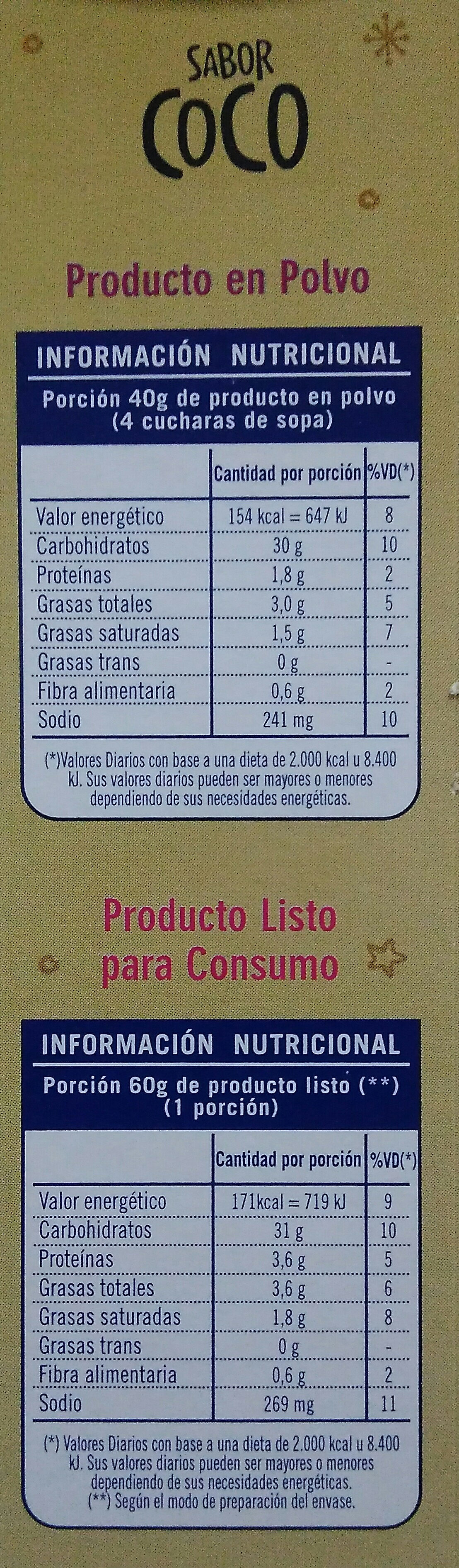 Bizcochuelo Exquisita coco - Nutrition facts - es