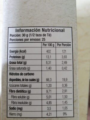 Avena Integral Instantánea - Nutrition facts