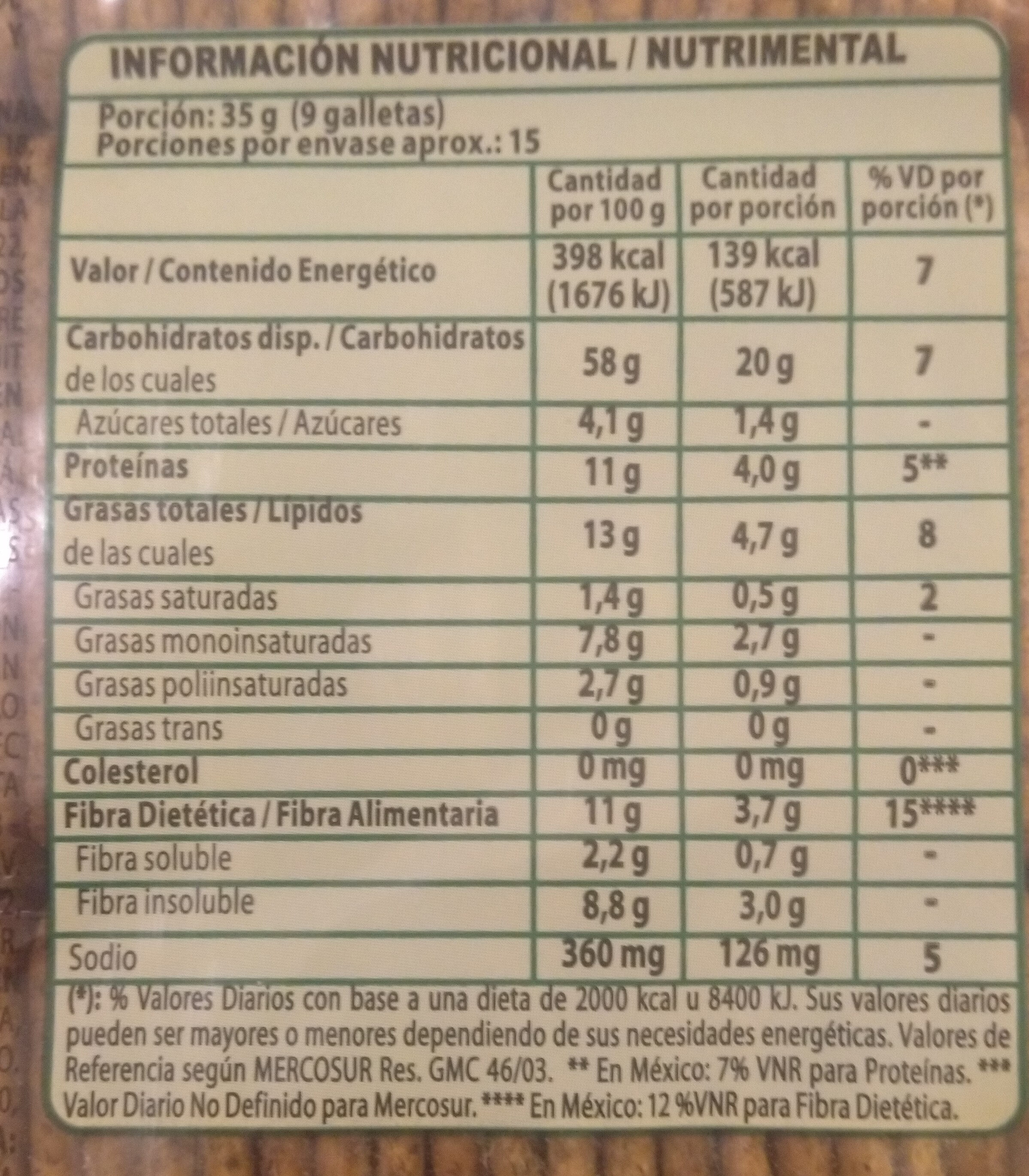 Selz Salvado Chía - Nutrition facts - es