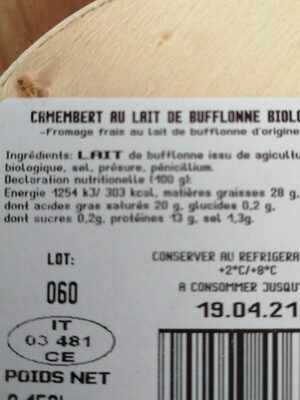 Camembert au lait de Bufflonne - Nutrition facts - fr