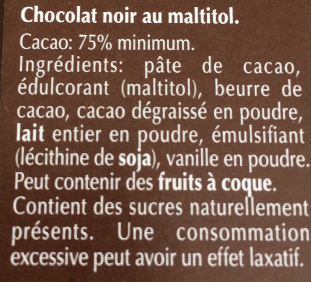 Chocolat noir 75 % - Ingredients - fr