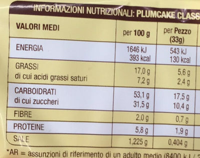 Plumcake Classico - Nutrition facts - en