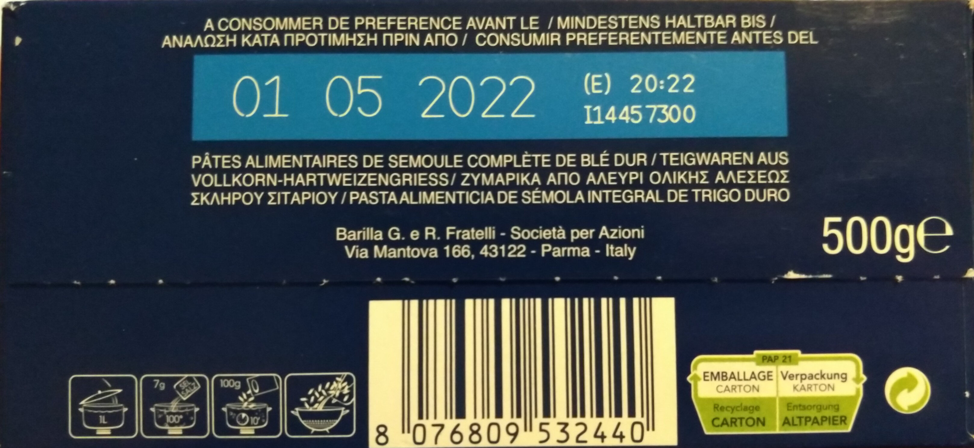 Barilla pates integrale farfalle au ble complet - Recycling instructions and/or packaging information - en