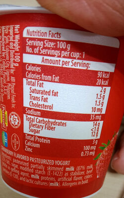 Pasteurized Yogurt Original , Strawberry flavor - Nutrition facts - en