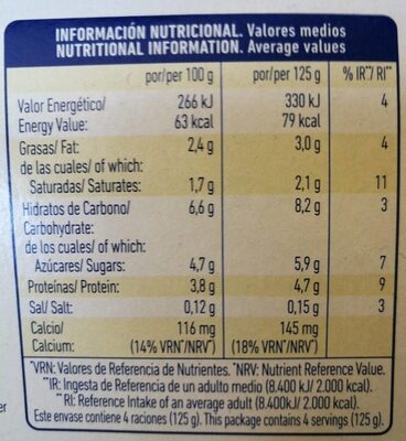 Yogur Pasteurizado Natural - Nutrition facts