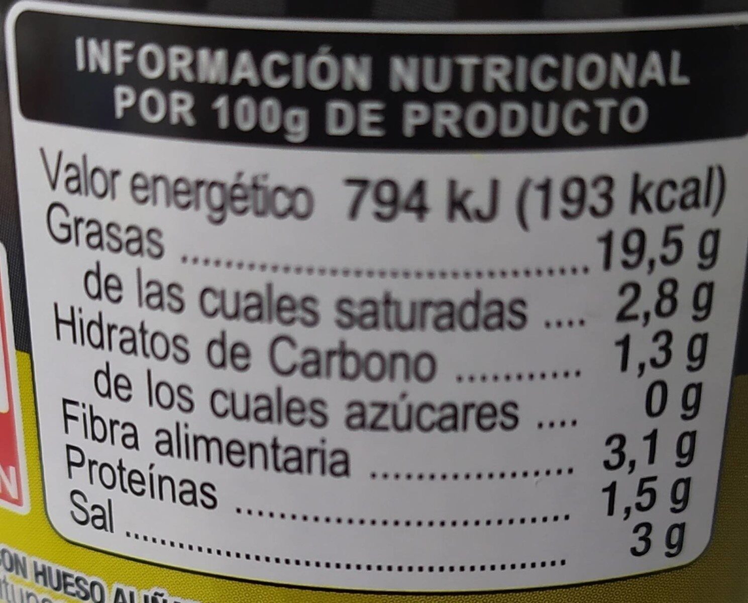 Aceitunas negras sin hueso - Nutrition facts - es