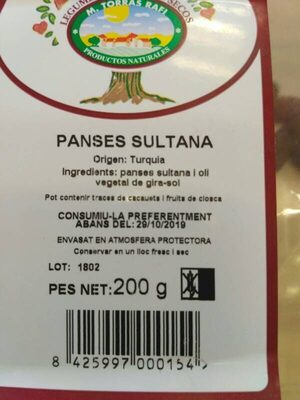 Panses sultana - Nutrition facts - es