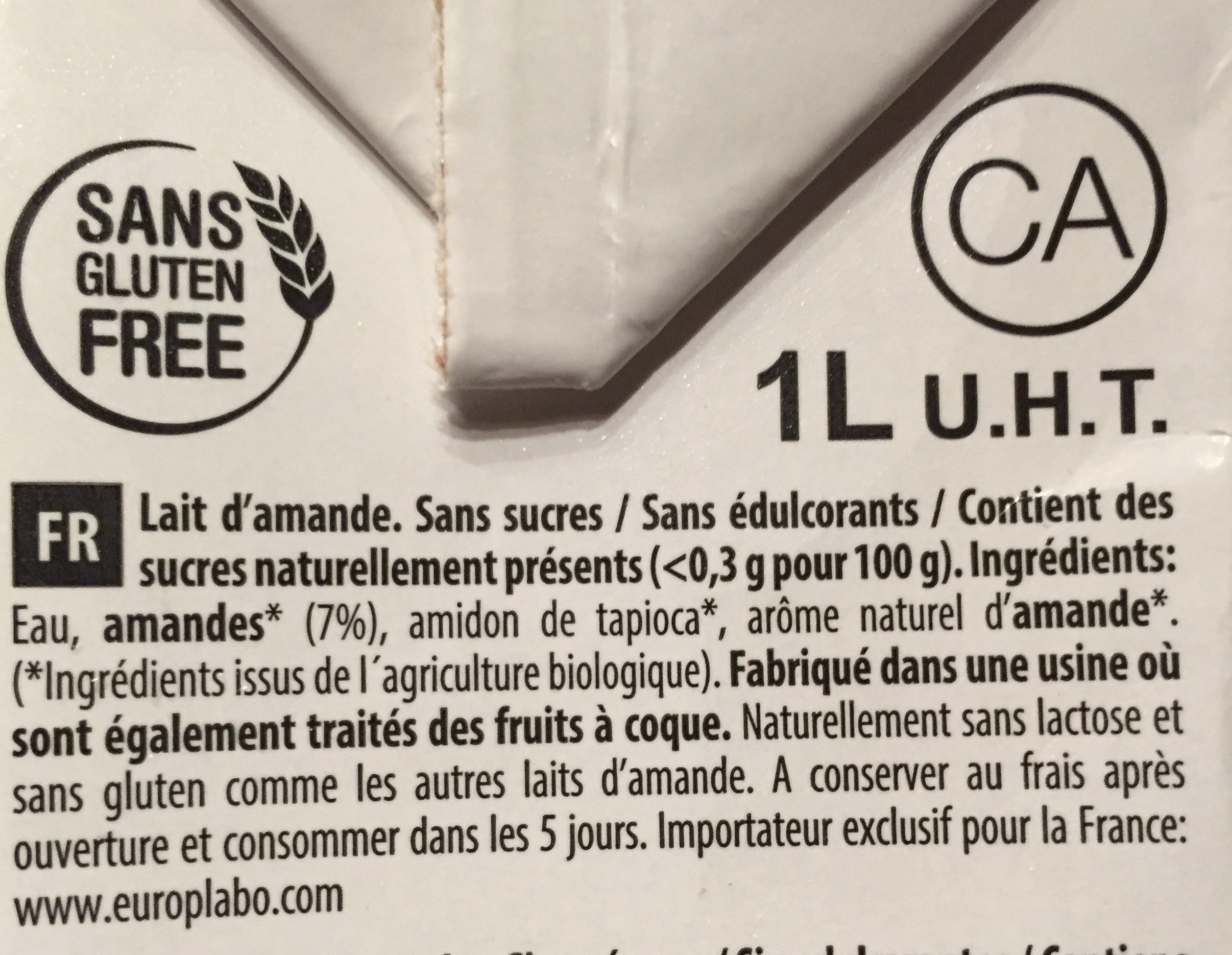 Almond Sugar-Free U.H.T. - Ingredients - fr