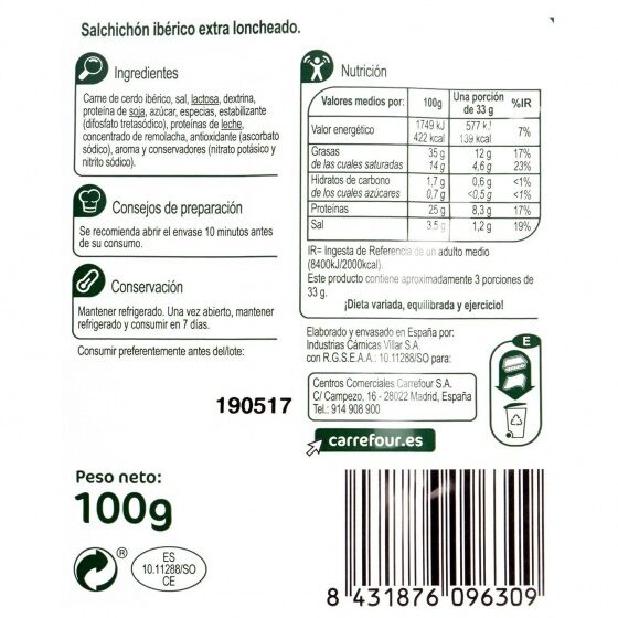 Salchichón ibérico lonchas - Nutrition facts - es