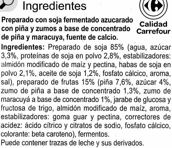 Especialidad Vegetal SOJA Frutas Amarillas - Ingredients