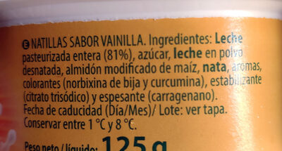 Natillas sabor vainilla - Ingredients