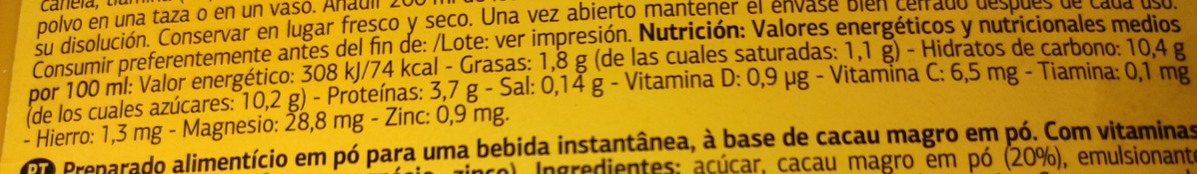 Cacao instantáneo - Nutrition facts - es