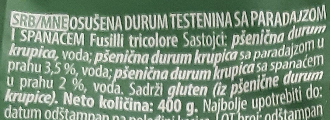 Durum fusilli tricolore - Ingredients - sr