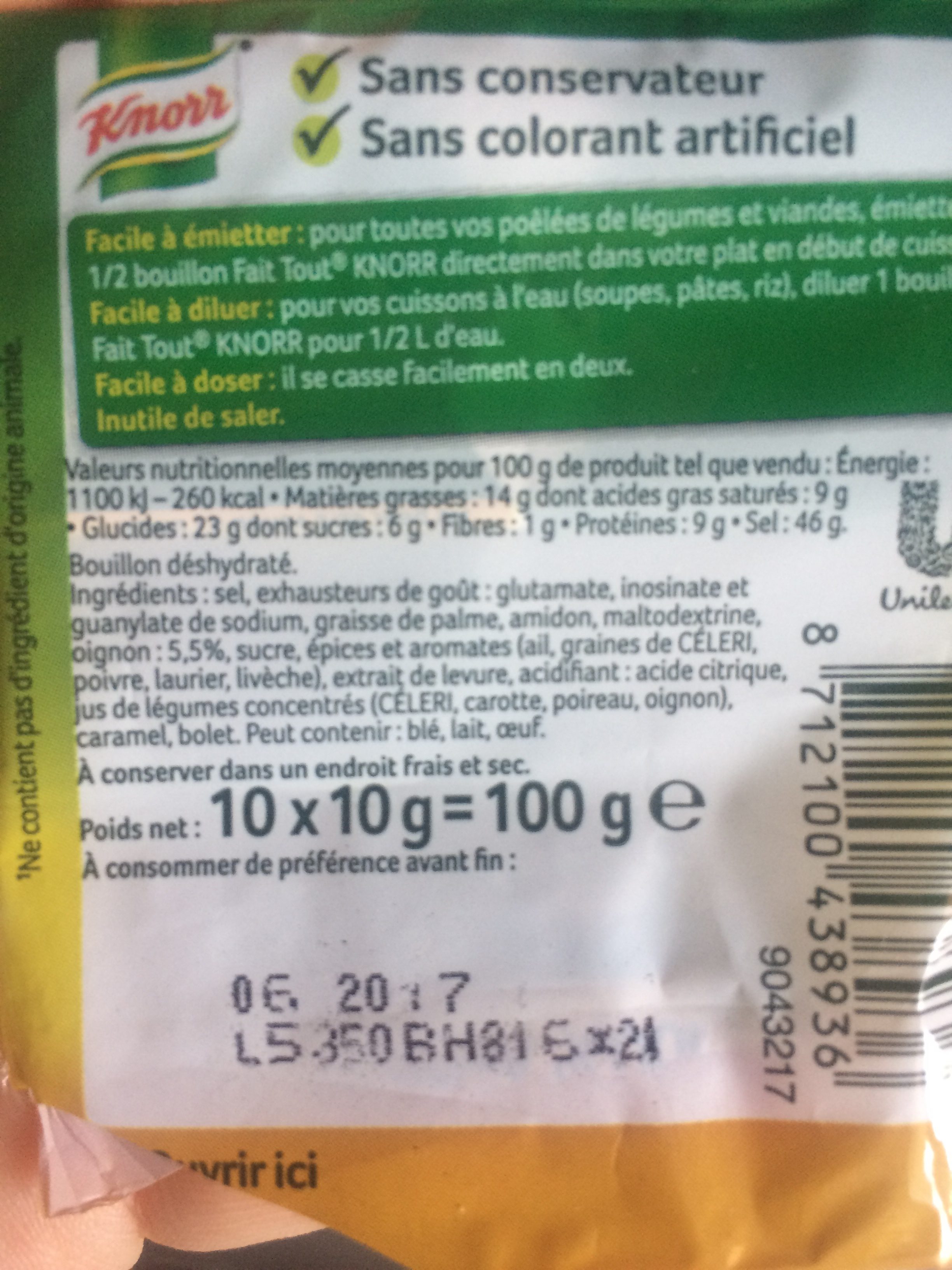 Knorr Bouillon Cube Fait Tout 100% Végétal Lot 2x10 - 200g - Ingredients - fr