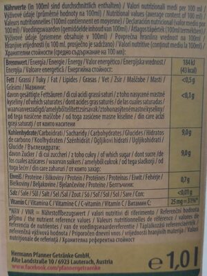 Pfanner Bio Orange 100% 1LTR - Nutrition facts - fr