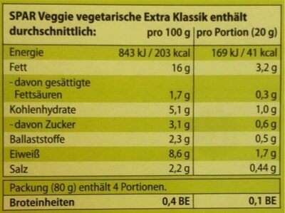 Veggie Vegetarische Feine Extra, ohne Fleisch - Nutrition facts - en