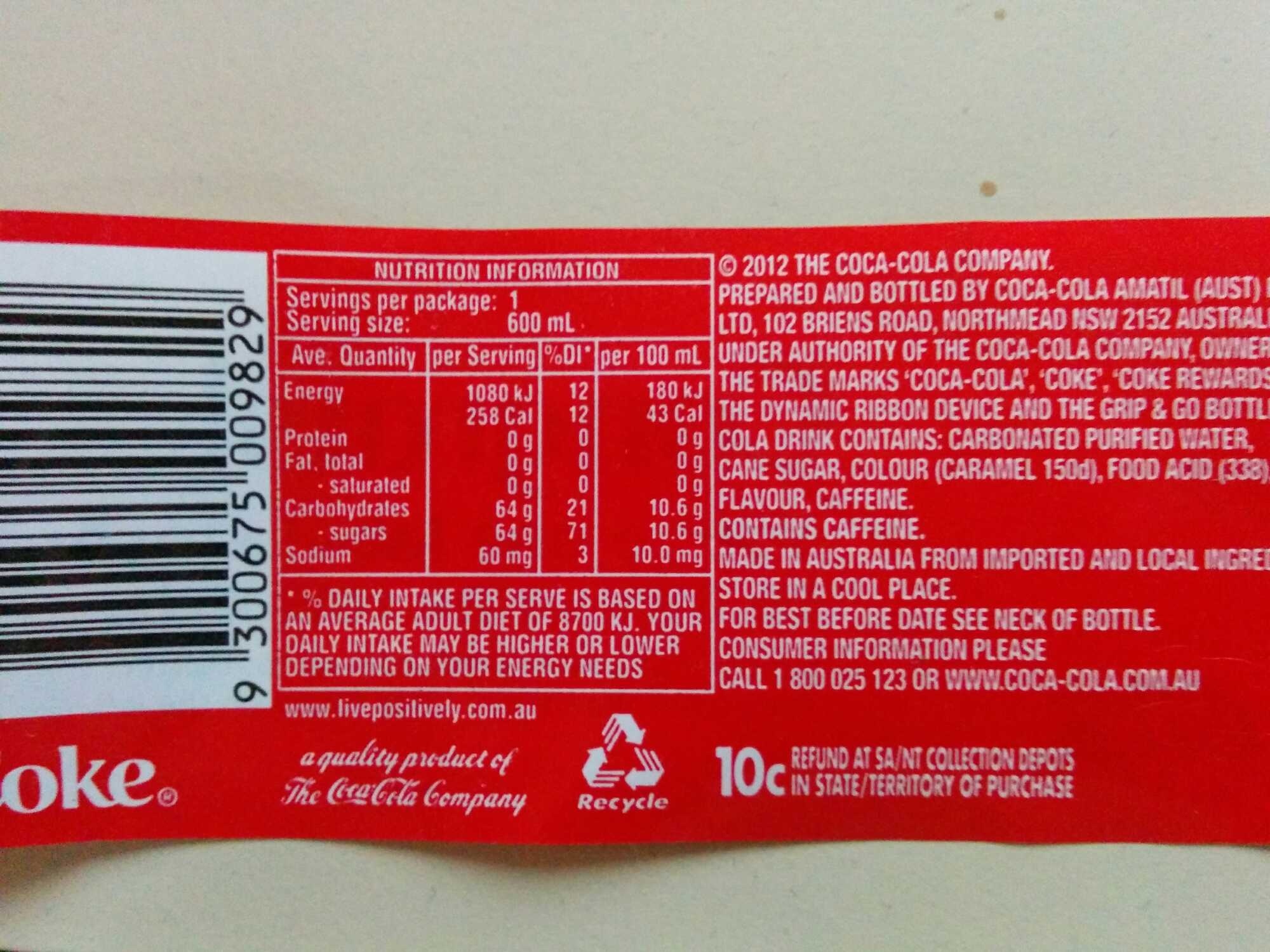 Coca Cola 600ml Bottle - Nutrition facts - en